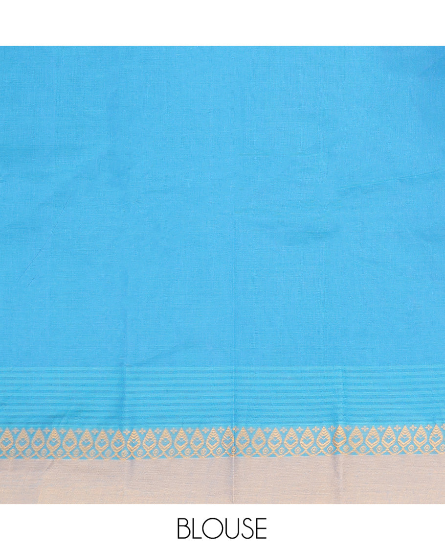 Blue Kanchi Cotton Saree, Accentuated with Buttas All Over Its Body, Complemented by a Contrast Border, Pallu of Floral and Paisley Designs, and Paired with a Matching Blouse
