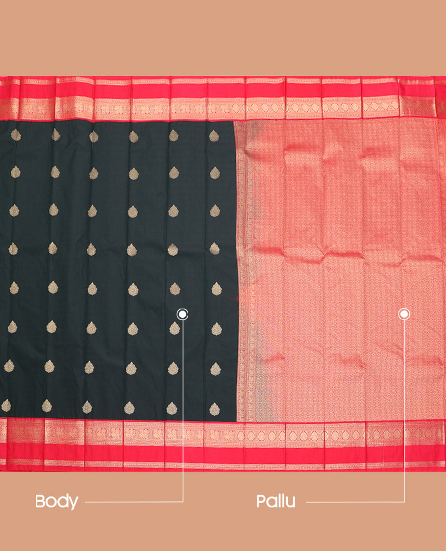 Black Budget Silk Saree, Gleamed Up with Zari Buttas, Complemented by a Contrast Traditional Rettai Pettu Border, Grand Pallu, and a Contrast Blouse