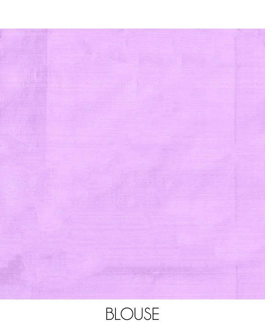 Borderless Peach Banana Pith Saree, Artfully Woven with Temple Buttas All Over Its Body, Complemented by a Contrast Pallu of Stripes and Temple Buttas, and Paired with a Contrast Blouse