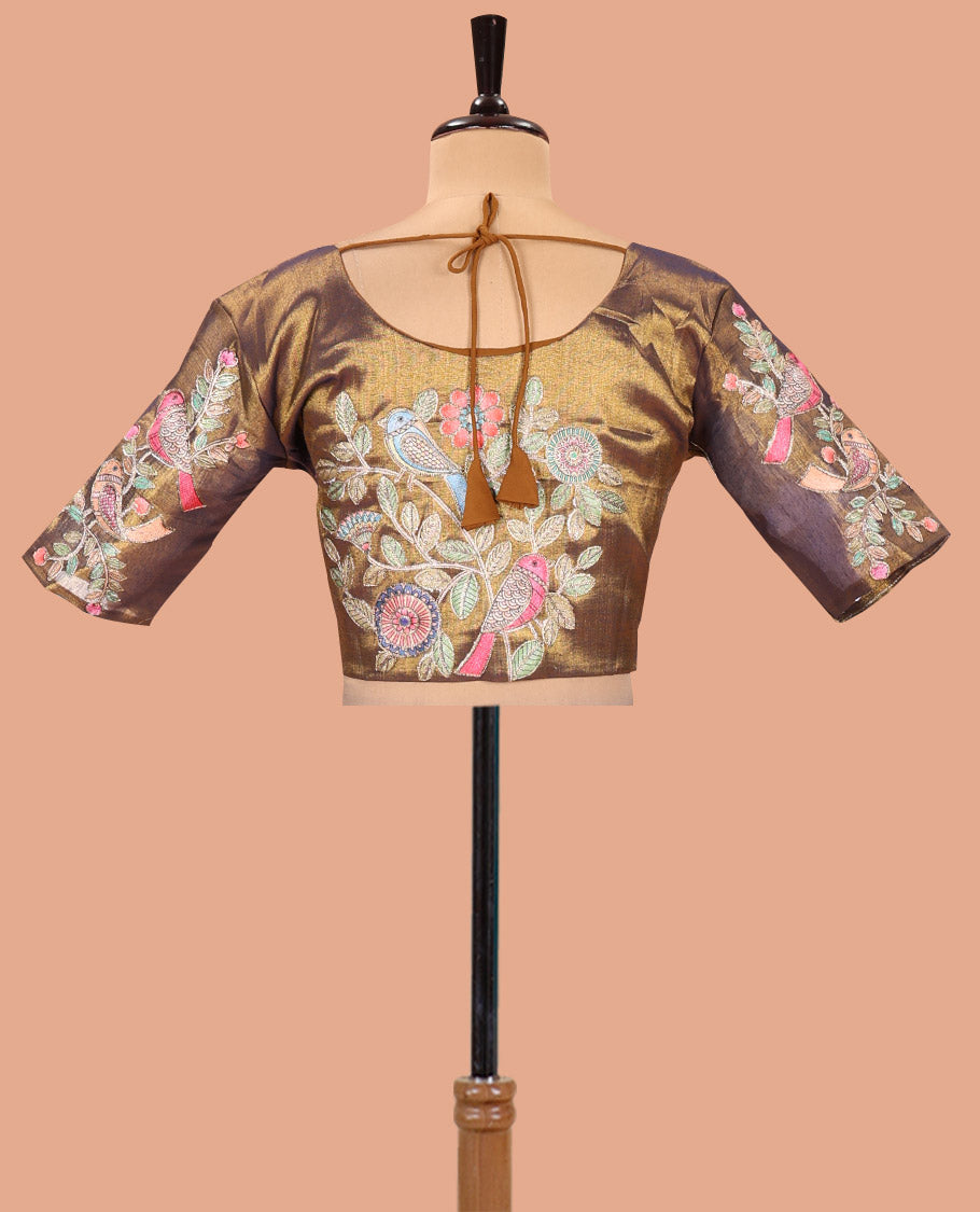 Borderless Navy Blue Tissue Saree, Enthralled with Colorful Floral-Bird Motif Printed with Outline Embroidery on Its Body, and Paired with a Readymade Elbow-Sleeve Round-Neck Blouse