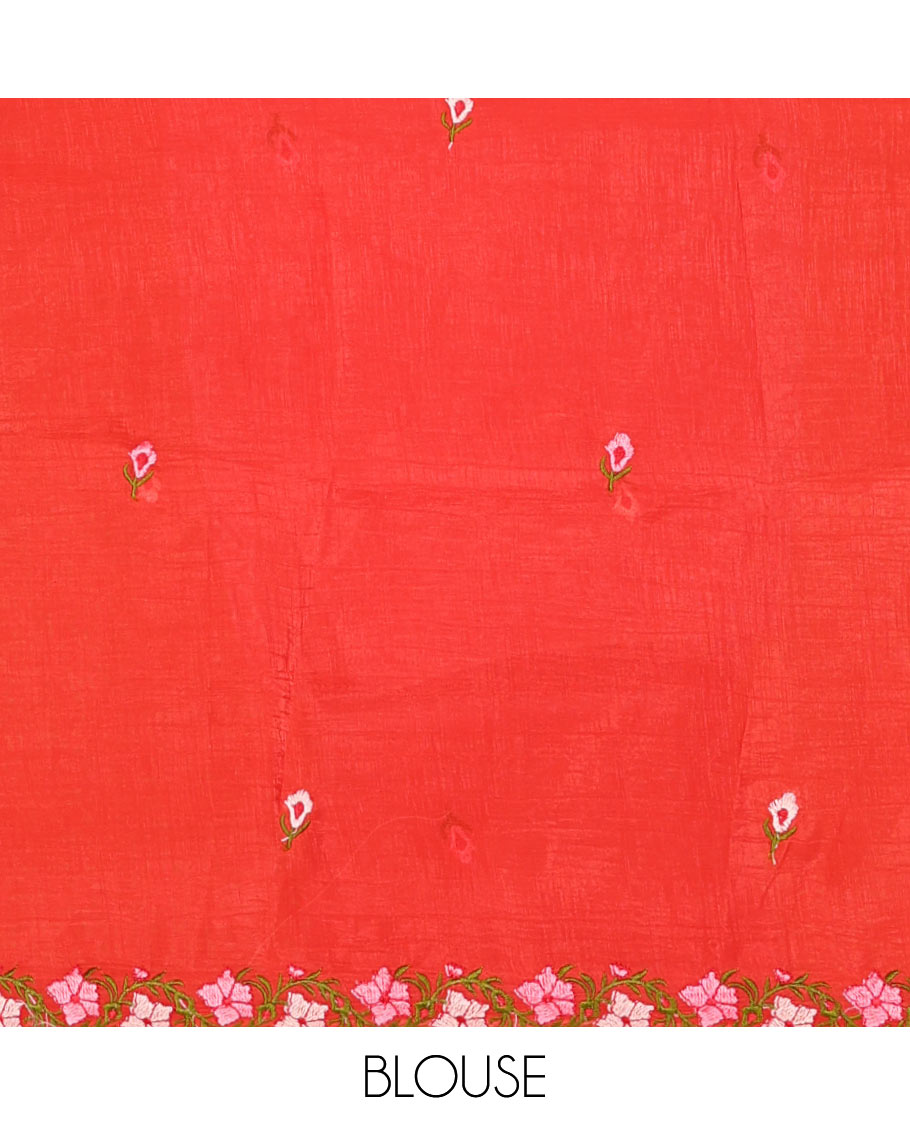 Violet full-plain crunchy crushed saree, scallop floral creeper thread embroidered border, and floral embroidered matching blouse