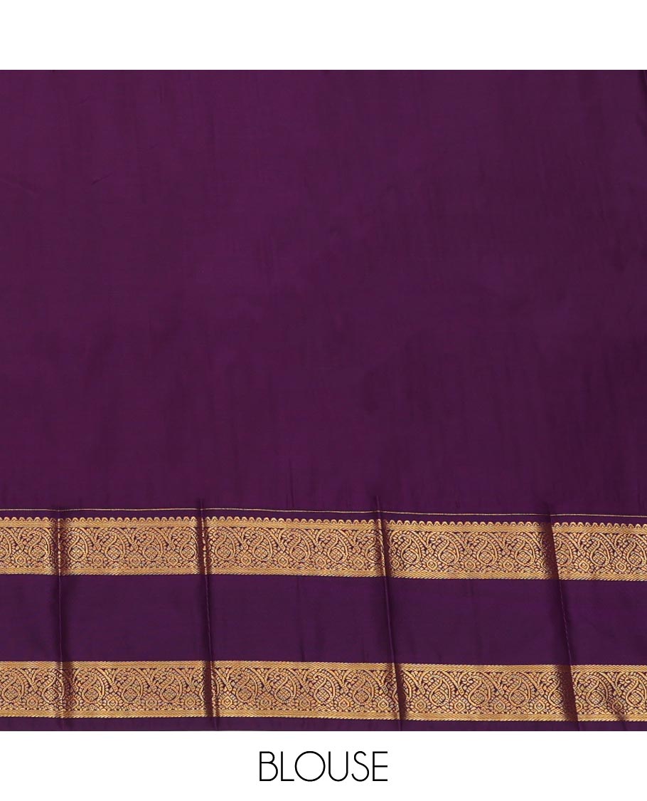 Orange Budget Silk Saree, Gleamed Up with Zari Buttas and Stripes, Complemented by Contrast Traditional Zari Rettai Pettu Border, Grand Pallu, and Contrast Blouse
