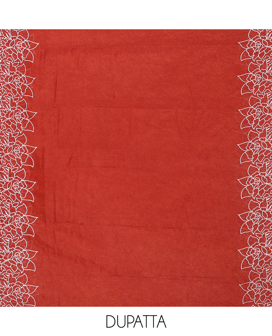 Dark Rust Organza Crushed Material Churidar Set, Elegantly Elevated with Floral-Themed Thread Embroidery Top, Comes with a Plain Santoon Bottom, and Is Paired with Organza Crushed Dupatta of Floral Thread Embroidery