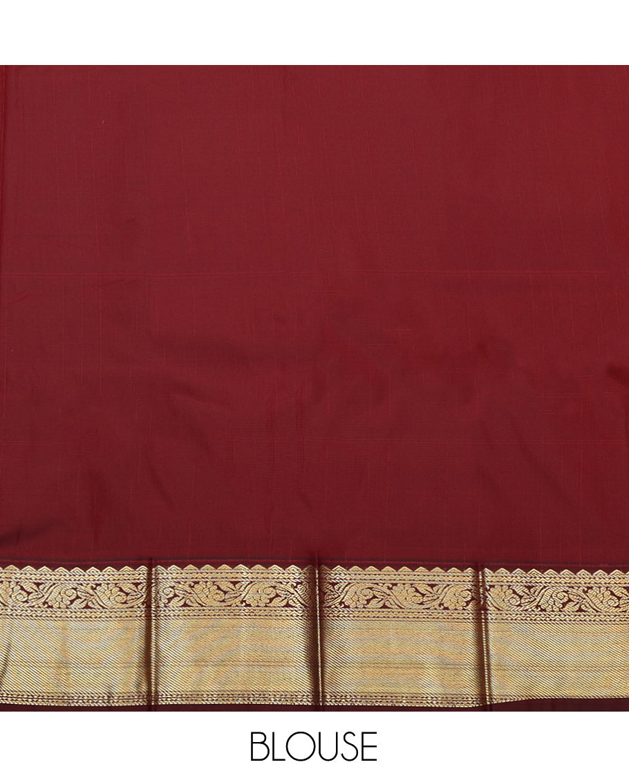 Red Budget Silk Saree, Mesmerized with Zari Buttas and Checks, Complemented by Contrast Traditional Zari Border, Geometric Pallu, and a Contrast Blouse