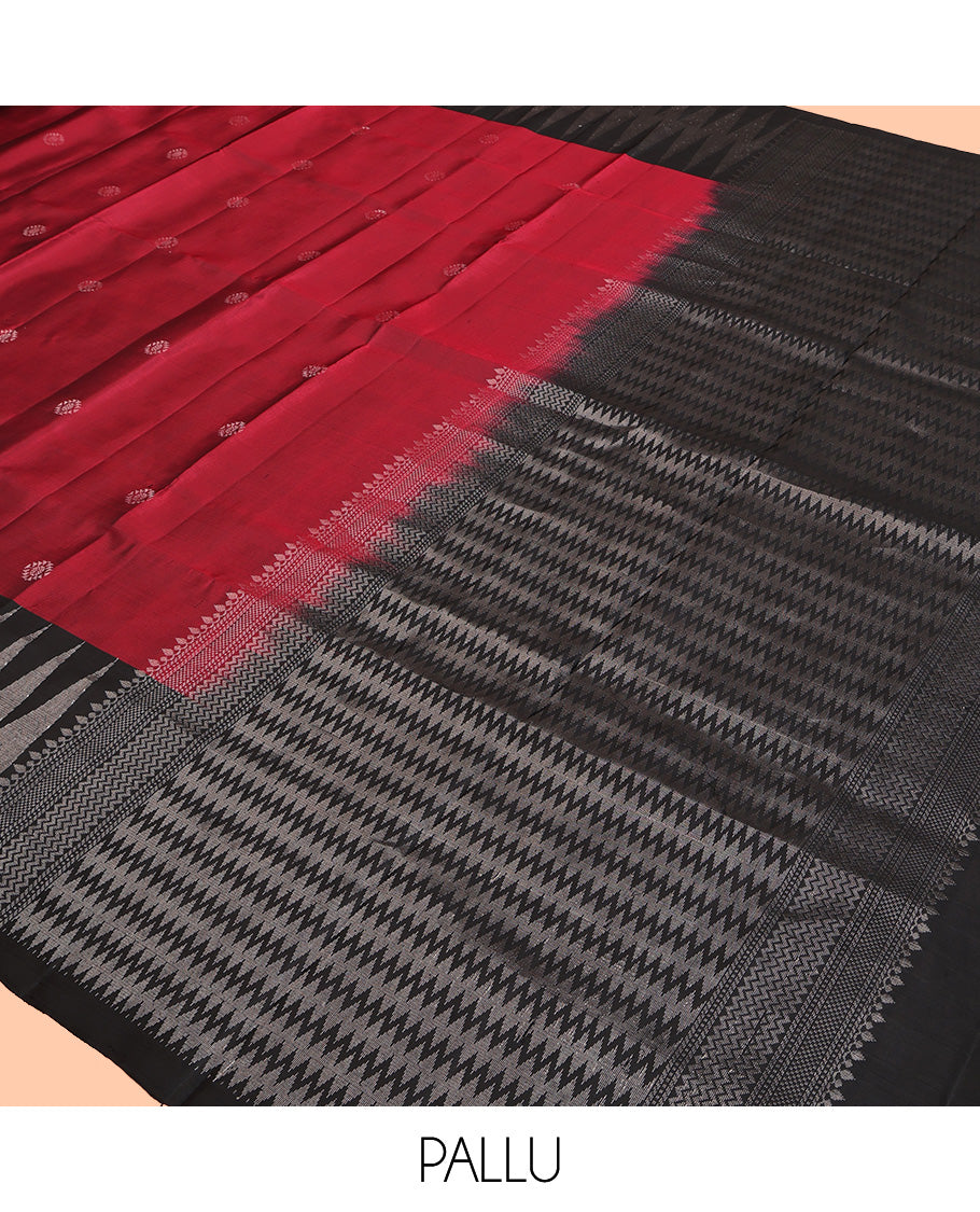 Red Mayuri Soft Silk Saree, Adorned with Zari Buttas All Over Its Body, Complemented by Contrast Chevron Striped Border, Pallu of Geometric Patterns and Paired with a Contrast Blouse
