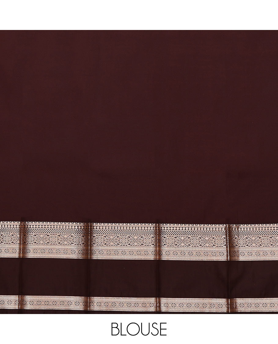 Rust Budget Silk Saree, Embellished with Zari Buttas All Over Its Body, Complemented by a Contrast Traditional Zari Design Rettai Pettu Border, Intricately Designed Pallu, and Paired with a Contrast Blouse