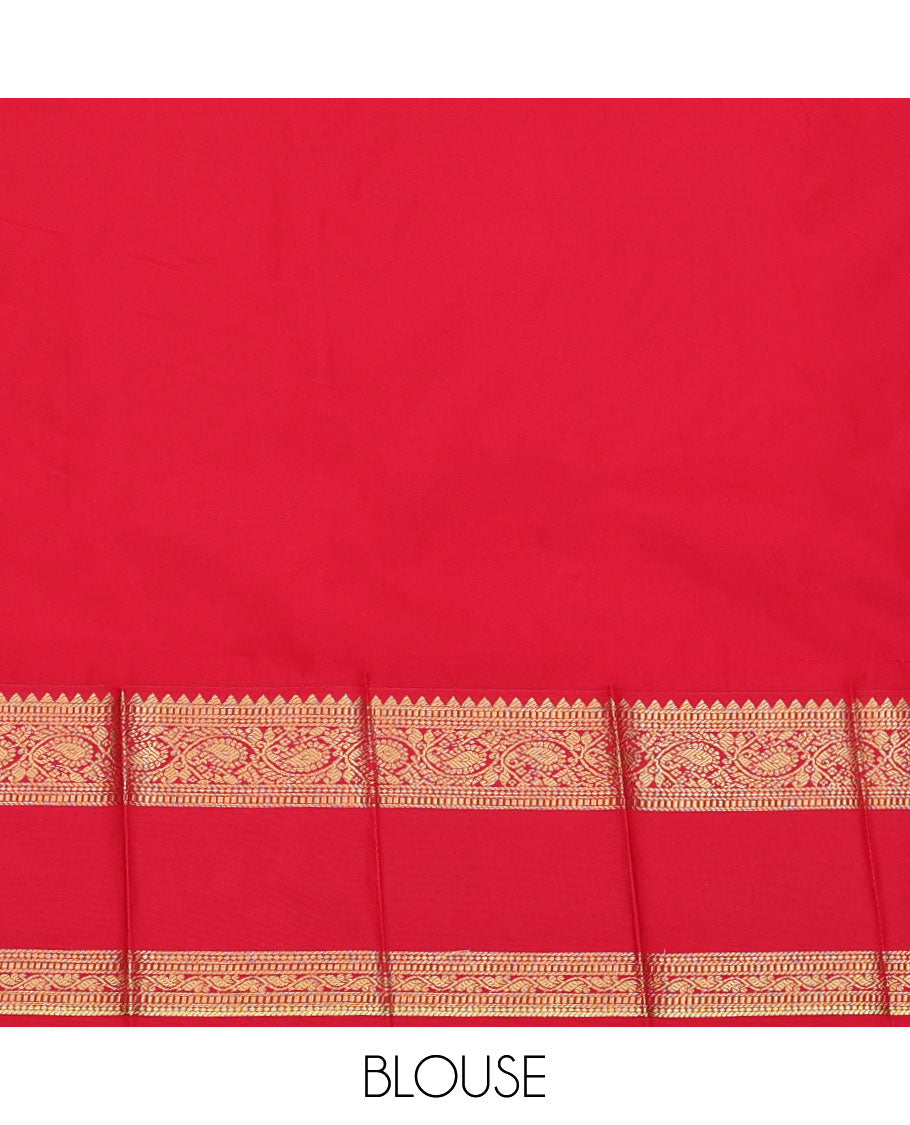 Turquoise Budget Silk Saree, Subtly Sparkled with Zari Buttas, Contrast Traditional Zari Rettai Pettu Border, Grand Pallu, and a Contrast Blouse