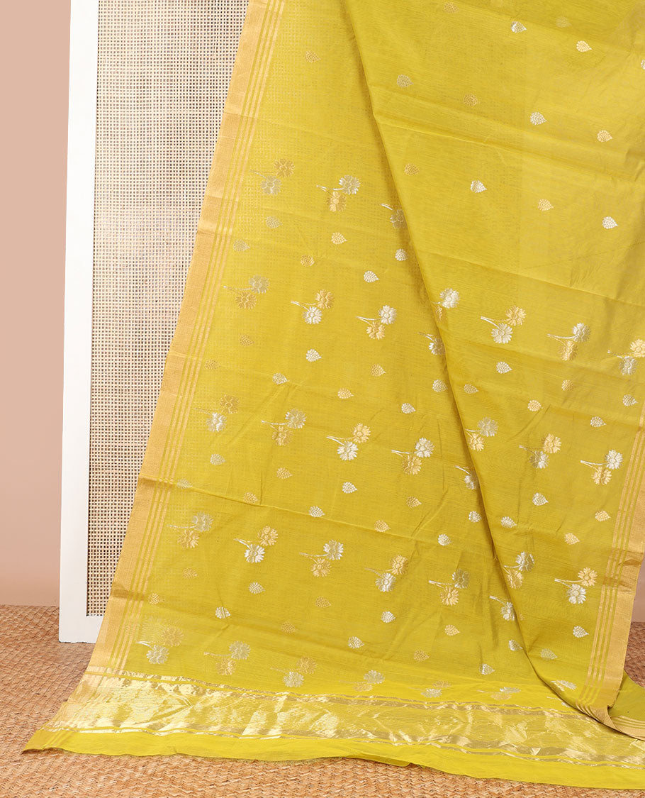 Light green floral design chanderi cotton saree with self zari border & striped pallu