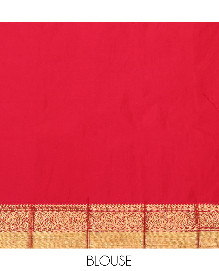 Deep Green Budget Silk Saree, Elevated with Zari Buttas and Stripes, a Contrast Traditional Zari Border, Grand Pallu, and a Contrast Blouse