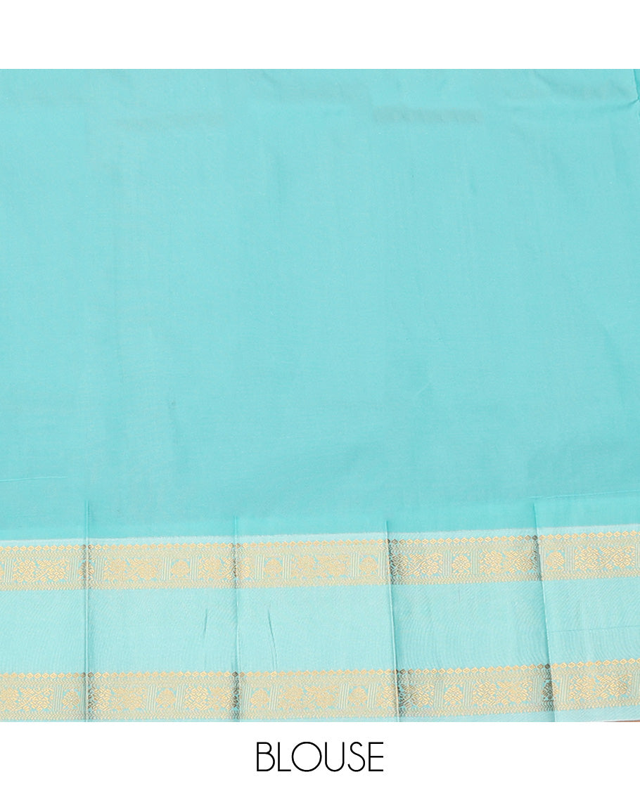 Brown Budget Silk Saree, Subtly Sparkled With Buttas On Its Body, Complemented by Contrast Rettai Pettu Traditional Zari Designs Woven Border, Grand Jaal Pallu and Paired with a Contrast Blouse