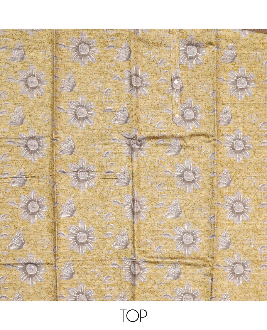Yellow Material Chudidar Set, Beautified with Floral Abstract Print and Neck Embroidery on Cotton Top, a Contrast Plain Cotton Bottom, and Paired with a Plain Dupatta