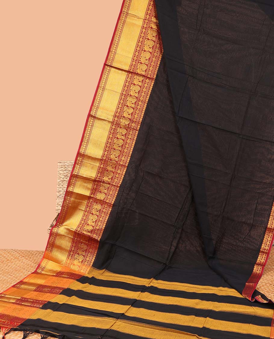 Black plain Narayanapet cotton saree, contrast traditional design border & striped pallu