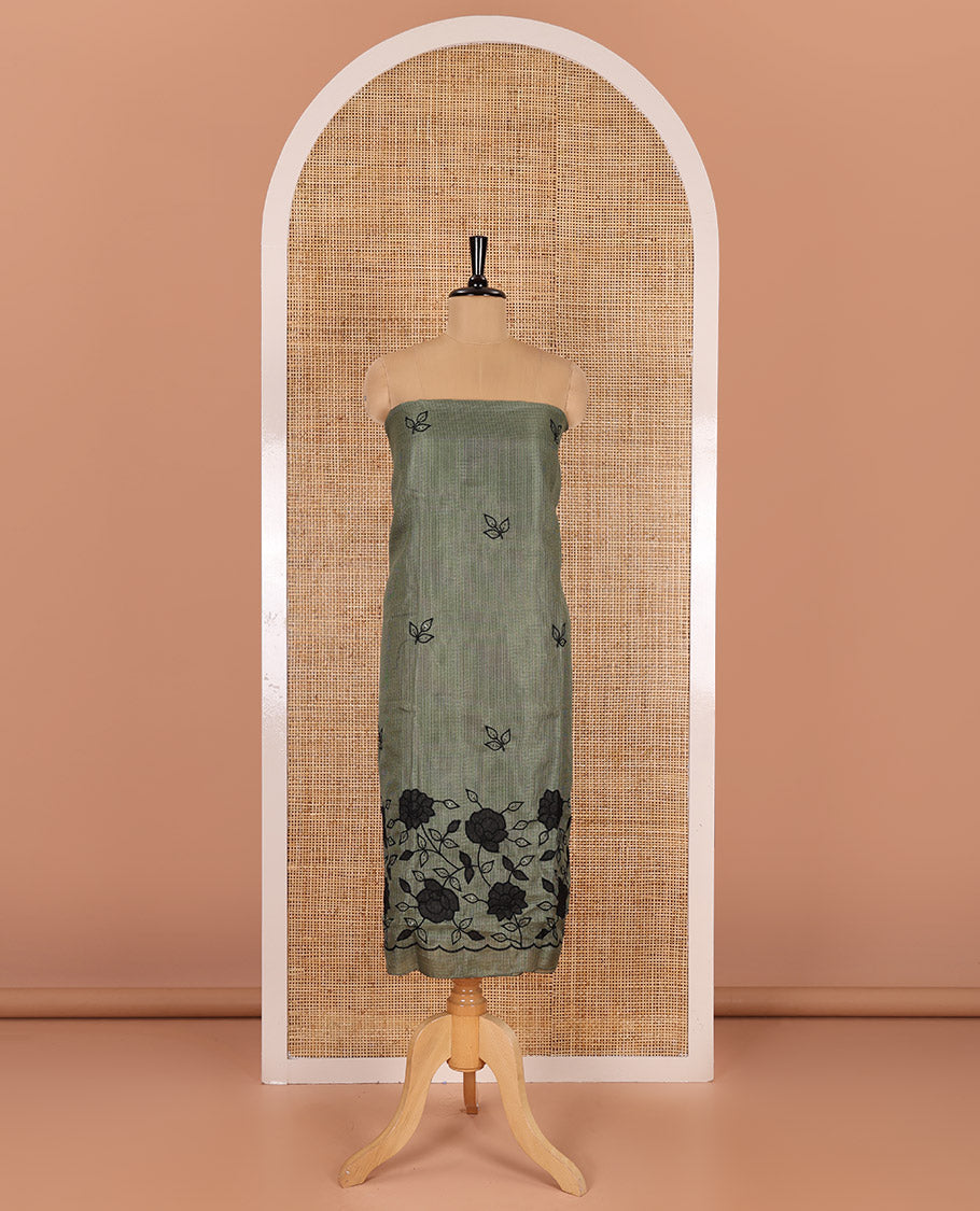 Green material chudidar set, leaf-floral motifs thread and sequins embroidered kota cotton top, a matching bottom, and a leaf motifs thread and sequins embroidered dupatta