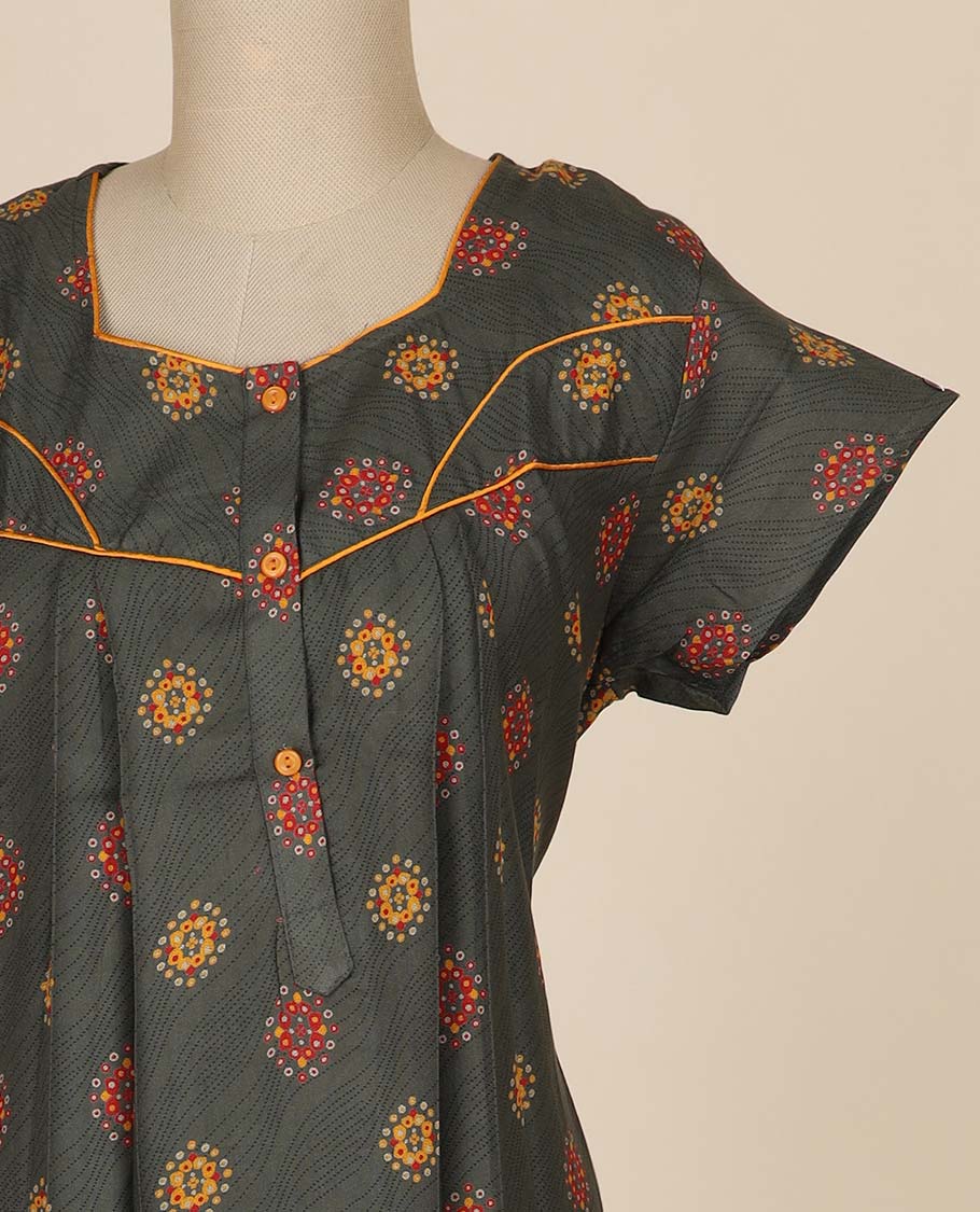Brown floral printed & square neck cotton half-sleeve nighty