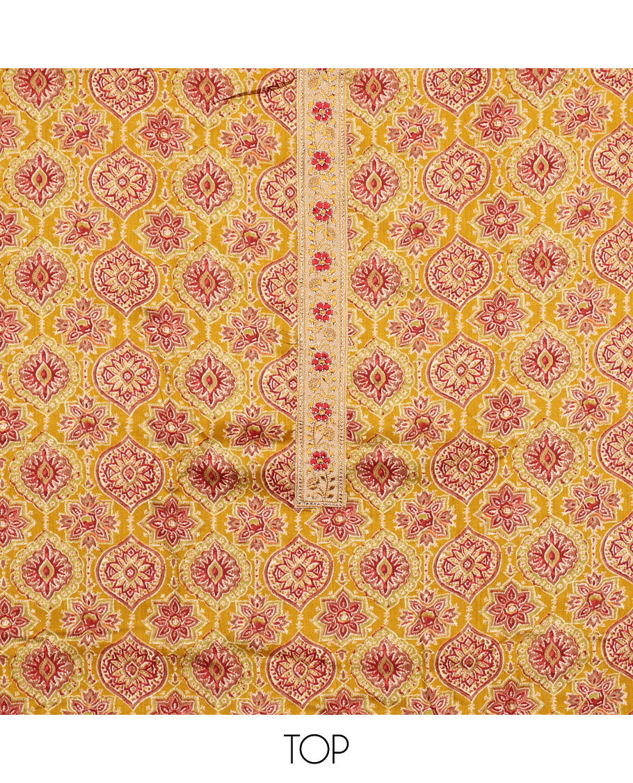 Mustard chudidhar material set floral design with thread embroidery, plain bottom & plain, floral design border dupatta