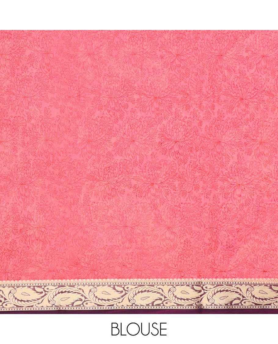 Pink floral vine semi-banaras printed saree, contrast paisley vine border & intricate print