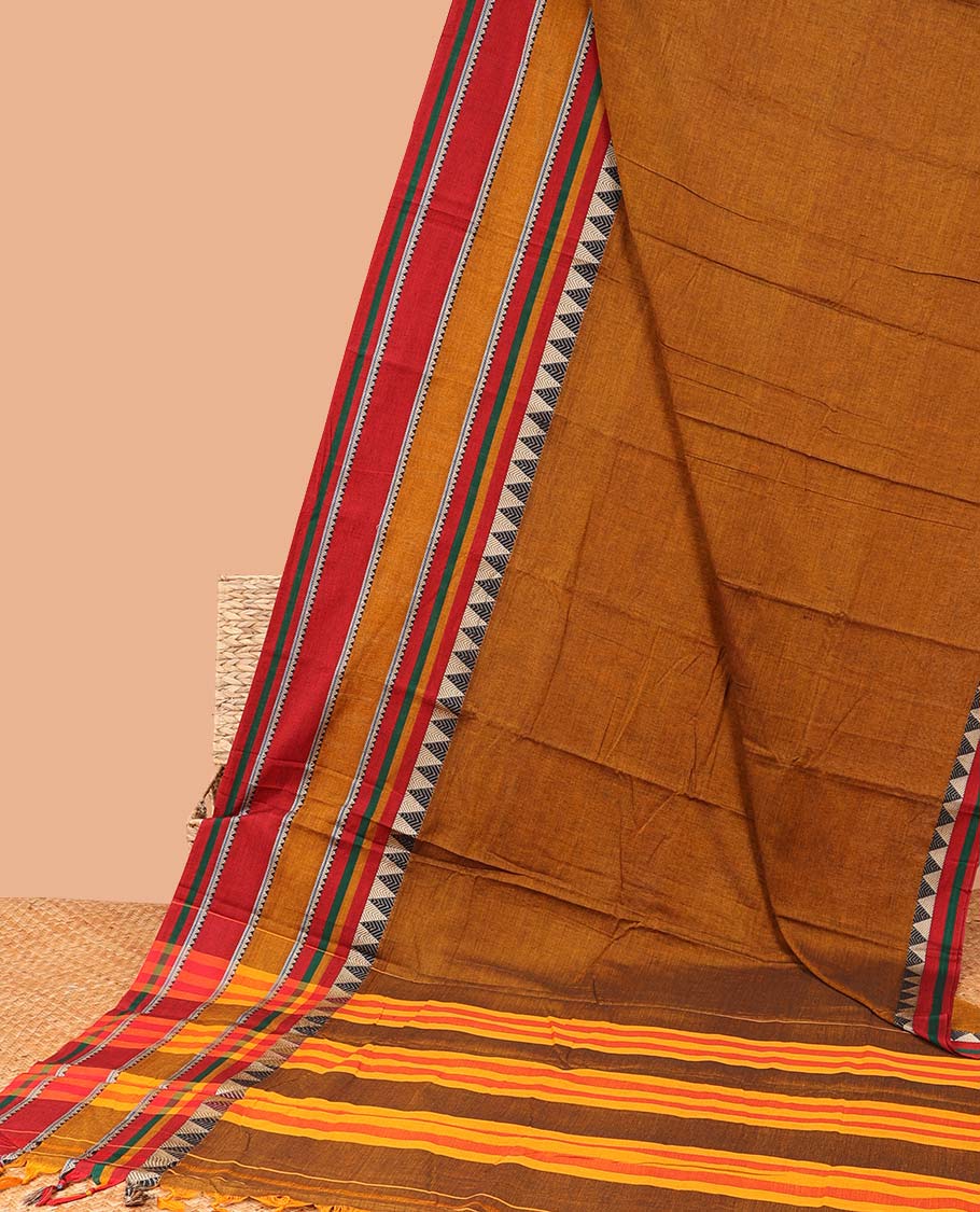 Brown plain design Narayanapet cotton saree, contrast traditional design border & striped pallu