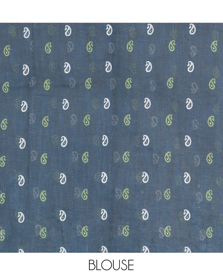 Pista Green Linen Cotton Saree, Embellished with Floral Vine Print and Mirror Work On Its Body, Subtle Piping Border, Pallu Steeped with Stripes, and Comes With a Contrast Blouse