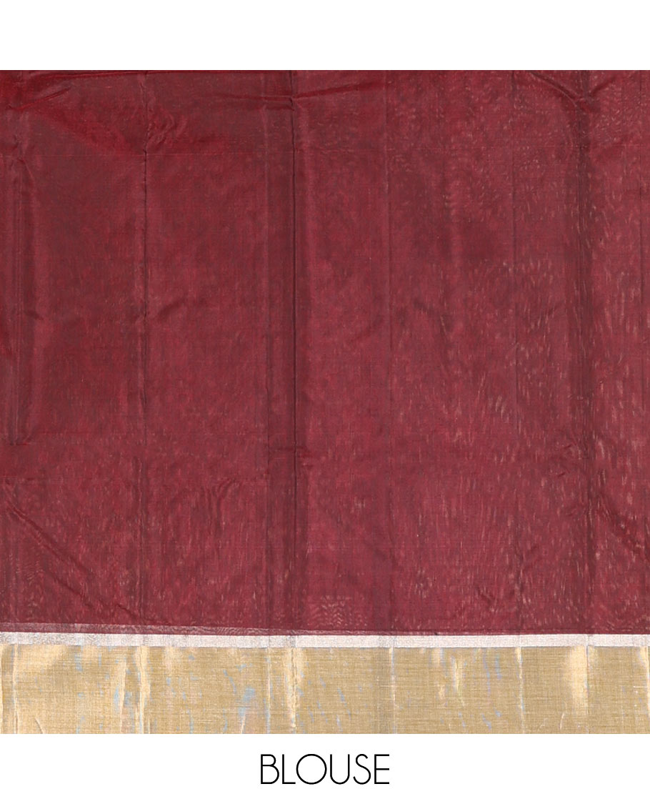 Brown floral motifs chanderi cotton saree with contrast zari border & striped pallu