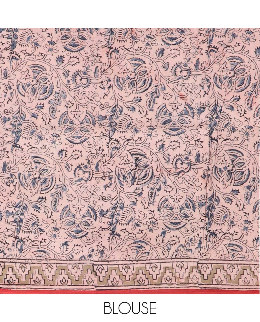 Red floral design machine-printed kalamkari cotton saree with contrast floral design border & floral, paisley design pallu