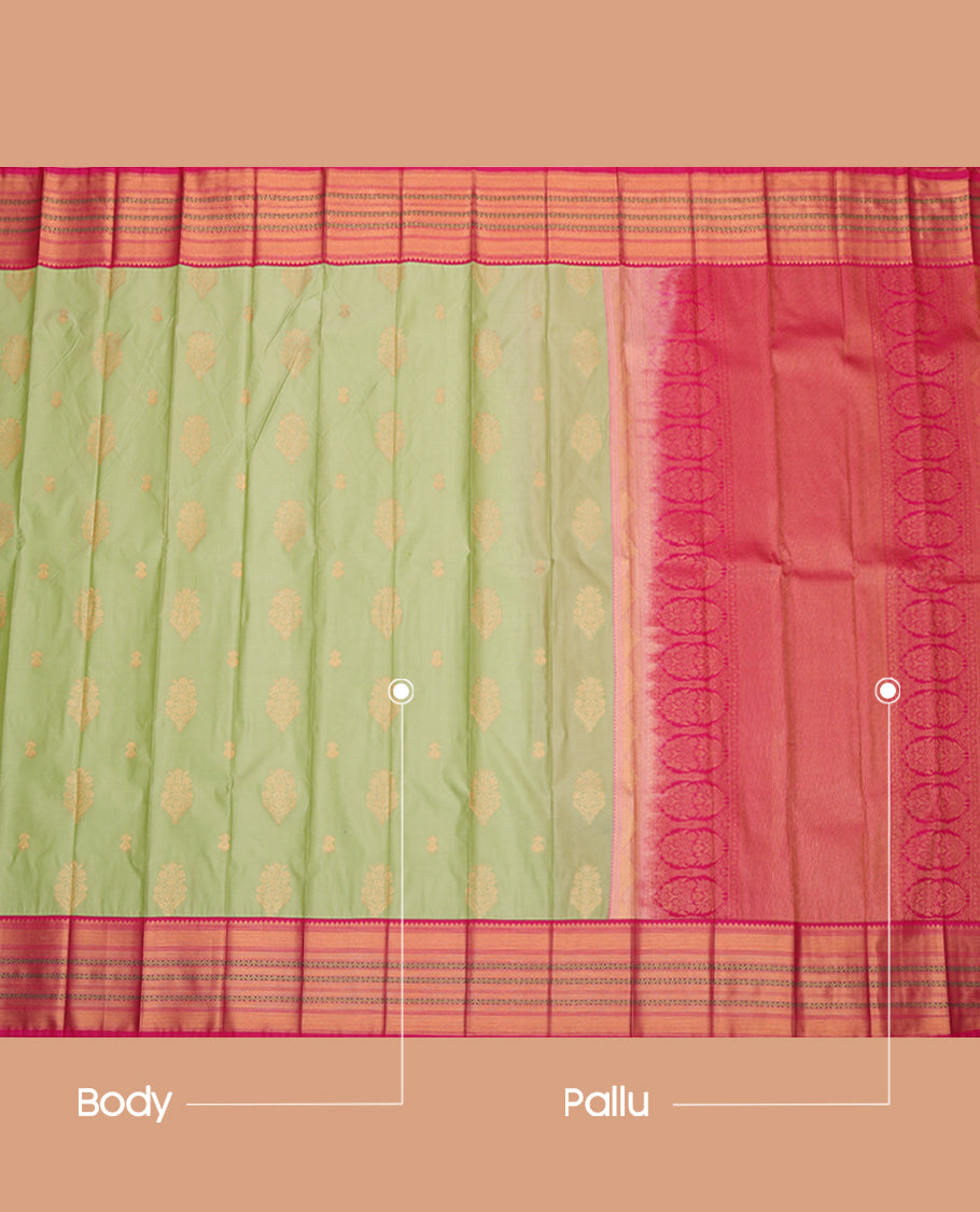 Green Budget Silk Saree, Woven with Buttas, a Contrast Traditional Zari Border, Grand Pallu, and a Contrast Blouse