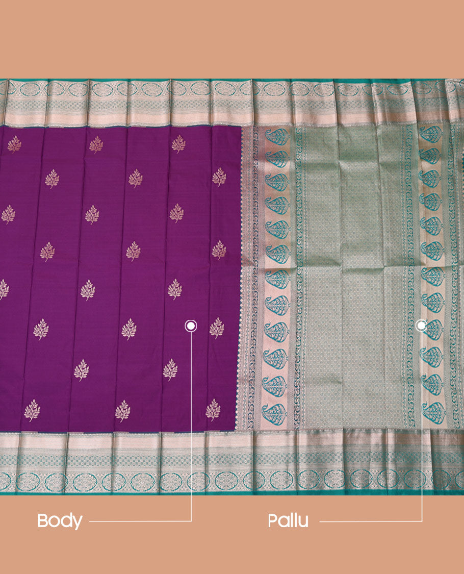 Purple Budget Silk Saree, Showcasing Zari Buttas, Complemented by Contrast Traditional Zari Border, a Grand Pallu and a Contrast Blouse