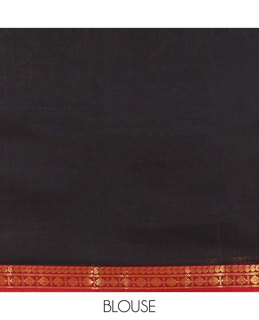 Black plain Narayanapet cotton saree, contrast traditional design border & striped pallu