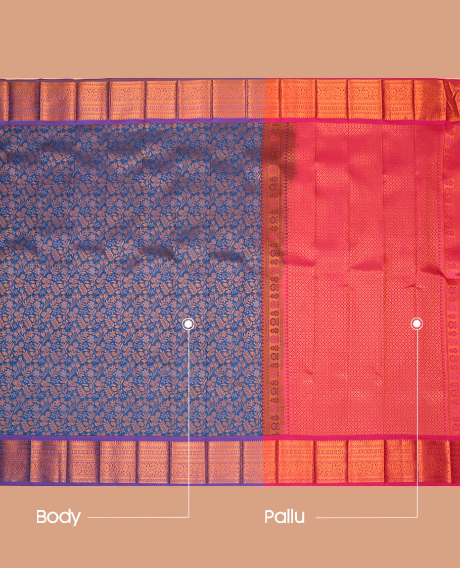 Blue Budget Silk Saree, Featuring Floral Vine Design, Complemented by Contrast Traditional Zari Border, a Jaal Pallu and a Contrast Blouse