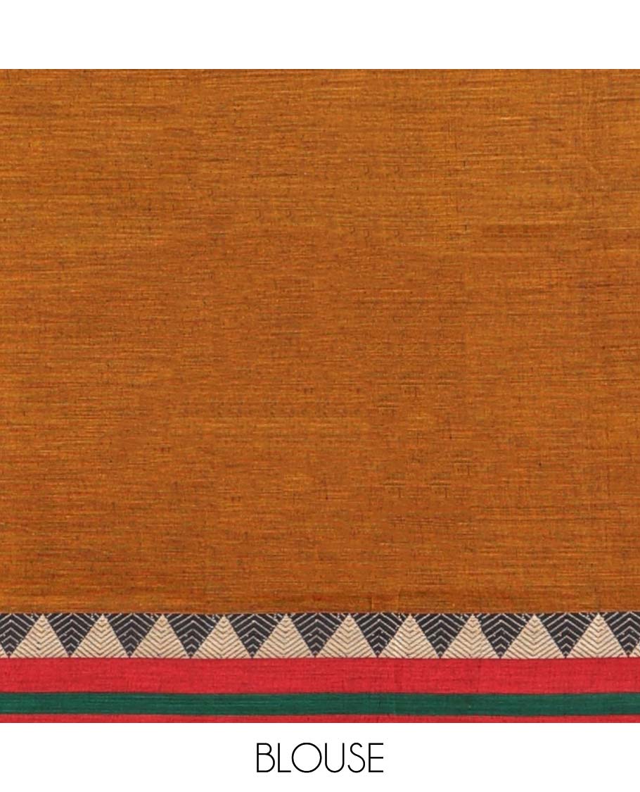 Brown plain design Narayanapet cotton saree, contrast traditional design border & striped pallu