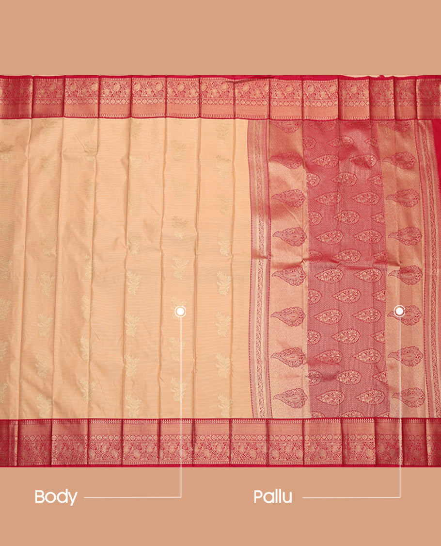 Peach Budget Silk Saree, Woven with Zari Buttas and Stripes, Captivating Contrast Traditional Zari Design Border, Grand Pallu, and a Contrast Blouse