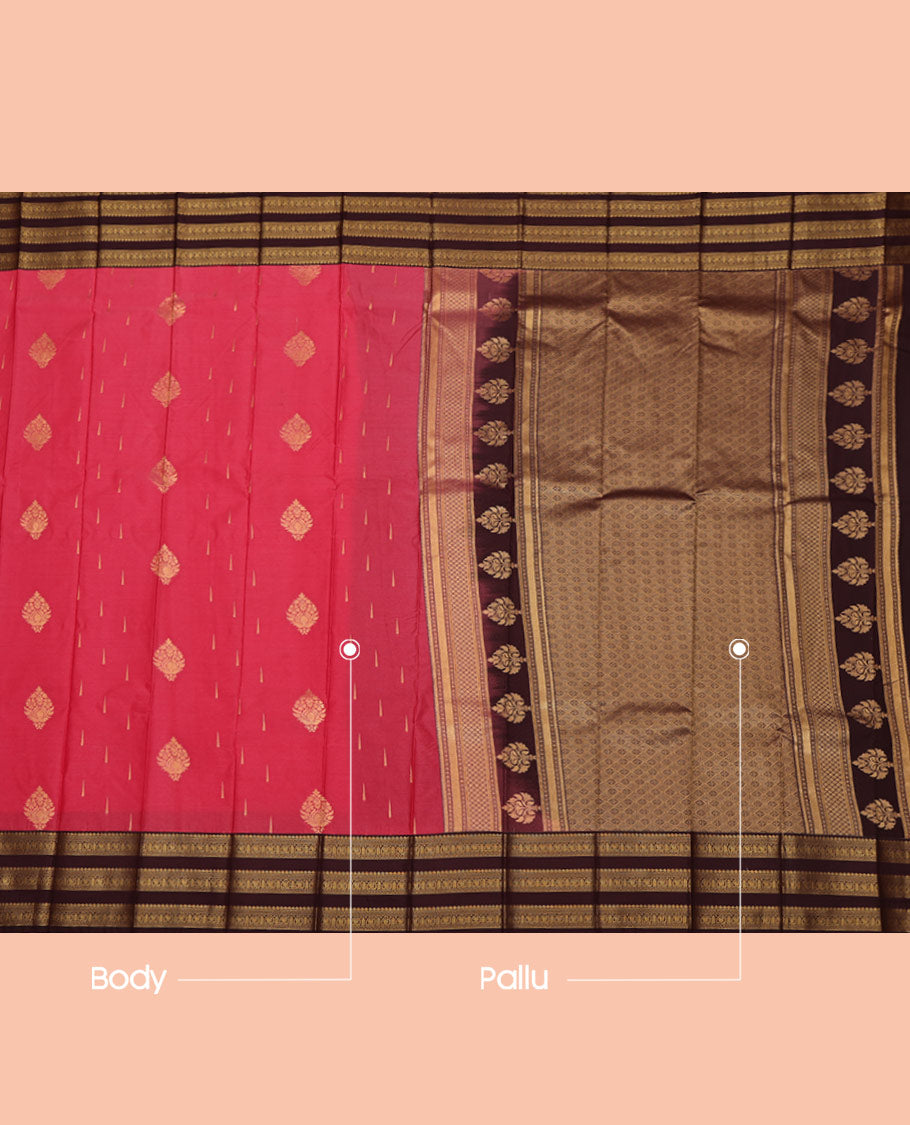 Pink Budget Silk Saree, Detailed with Zari Buttas on Its Body, Complemented by a Contrast Traditional Zari Design Border, Grand Jaal Pallu, and Paired with a Contrast Blouse