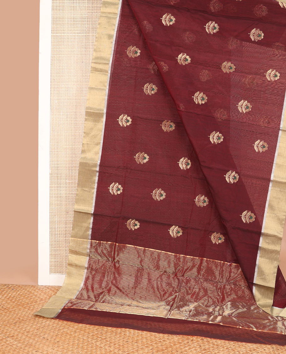 Brown floral motifs chanderi cotton saree with contrast zari border & striped pallu