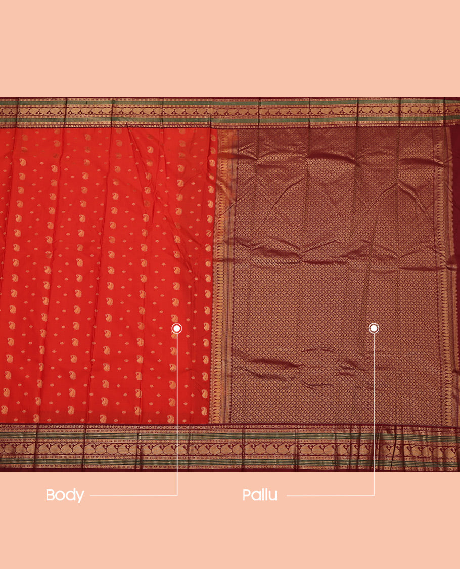 Red Budget Silk Saree, Woven with Zari Buttas All Over Its Body, Complemented by a Contrast Traditional Zari Design Border, Grand Pallu, and Paired with a Contrast Blouse