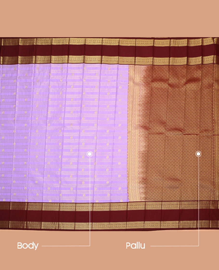 Lavender Budget Silk Saree, Decked Up with Zari Buttas and Stripes, Complemented by a Contrast Traditional Zari Rettai Pettu Border, Grand Jaal Pallu, and Contrast Blouse