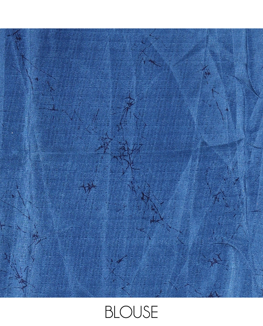 Borderless cream-blue batik-style floral printed khadi cotton saree, printed pallu & printed blouse