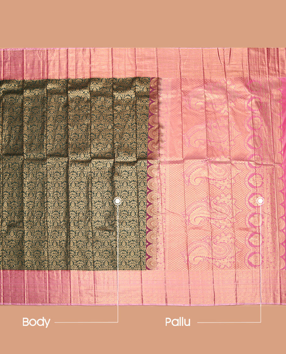 Green Budget Silk Saree, Elegantly Highlighted with Jacquard Design, Complemented by Contrast Traditional Zari Border, Paisley Pallu, and Contrast Blouse