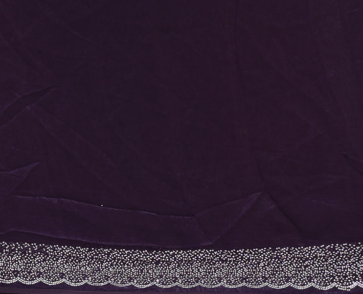 Violet Swarovski crystal stone embedded fendy chiffon saree, scallop Swarovski stone embroidered border, and contrast plain blouse