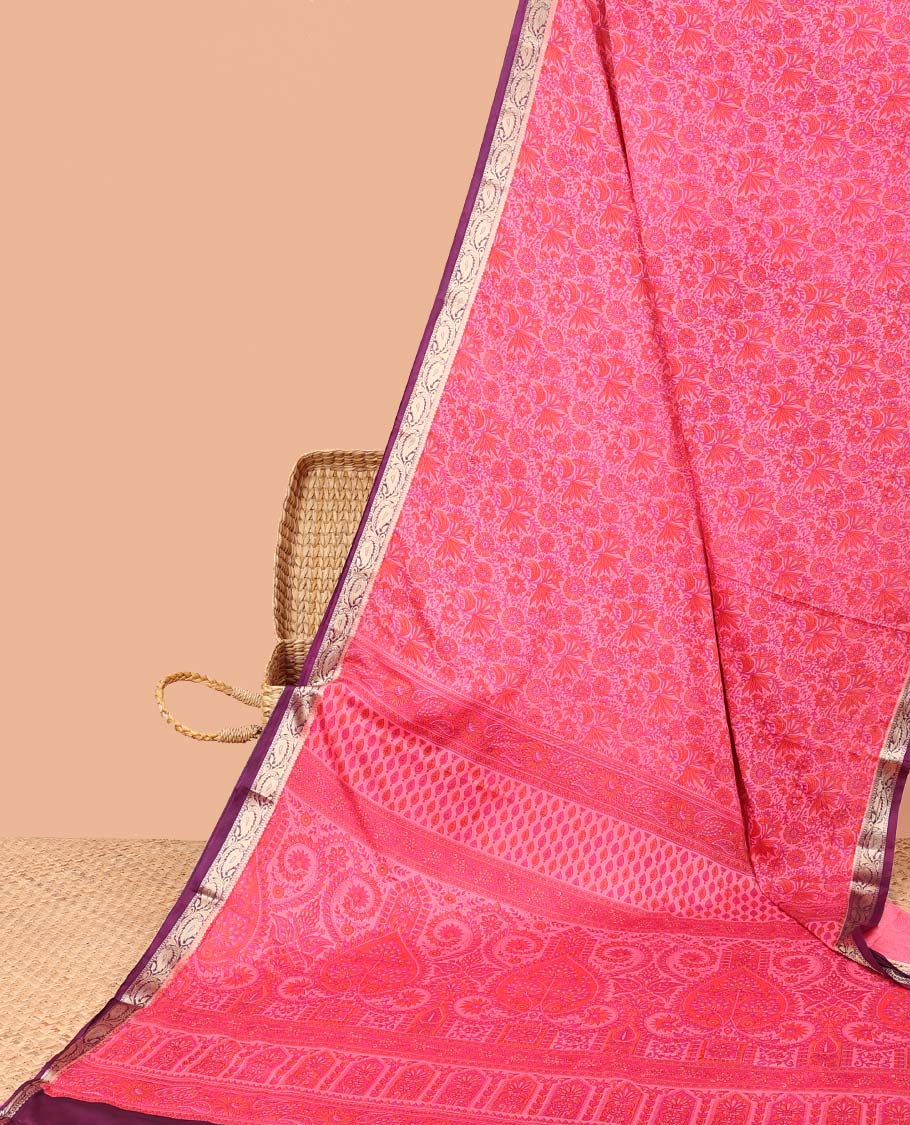 Pink floral vine semi-banaras printed saree, contrast paisley vine border & intricate print