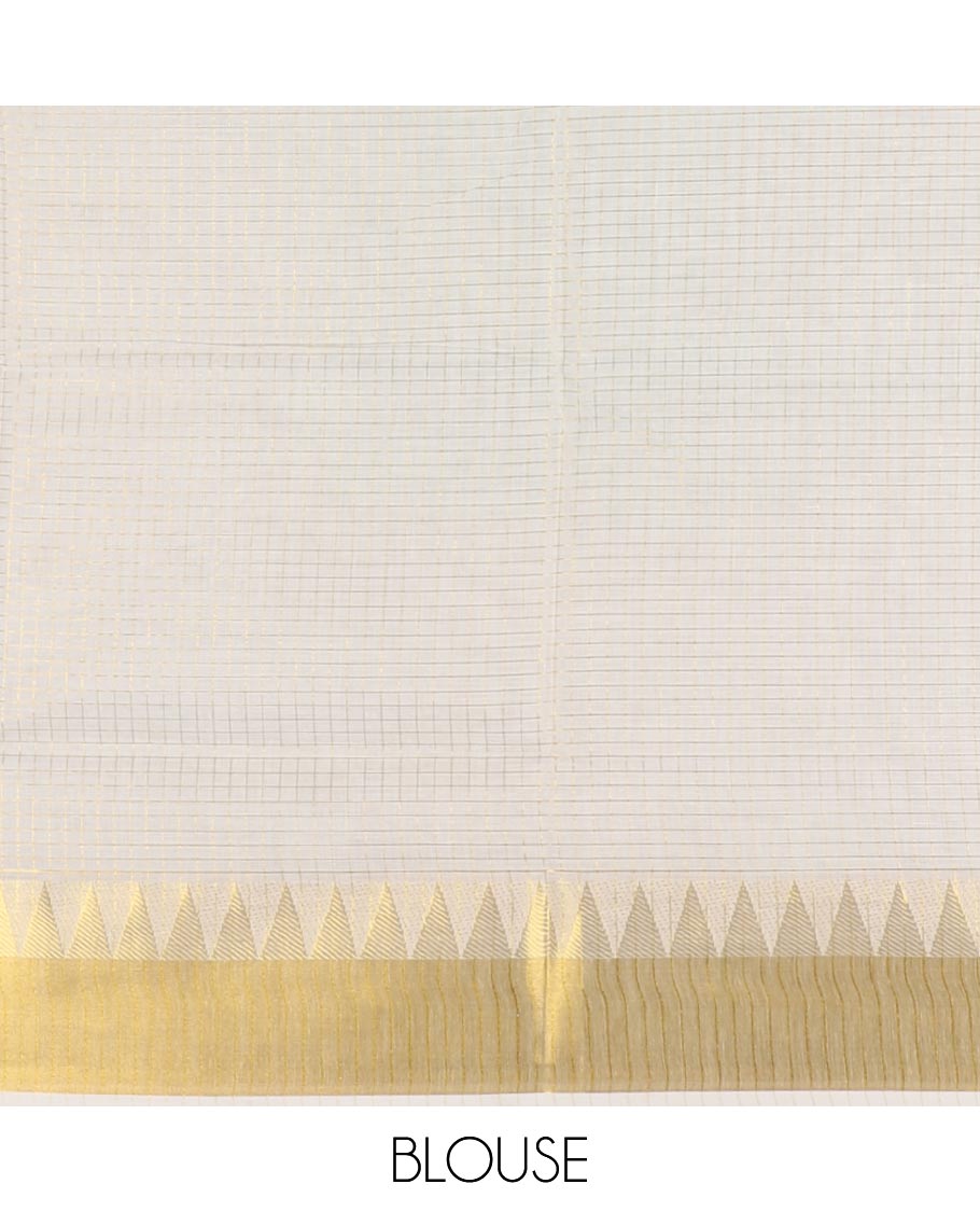 Cream golden zari checked woven Kerala cotton saree, zari temple bavanji border, striped pallu, and a matching blouse