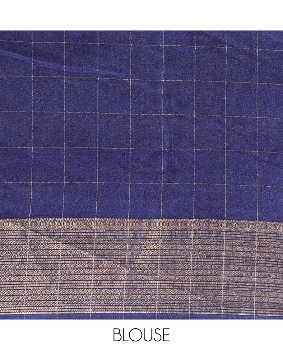 White with navy blue zari checked design moss georgette saree with contrast zari jacquard border & printed pallu along with checked blouse