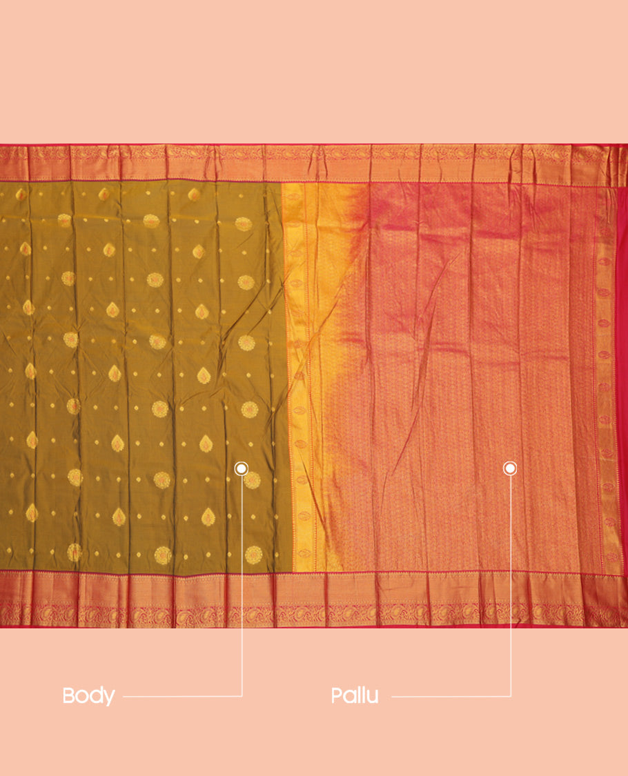 Green Budget Silk Saree, Highlighted by Zari Buttas, a Contrast Traditional Zari Border, Grand Jaal Pallu, and a Contrast Blouse