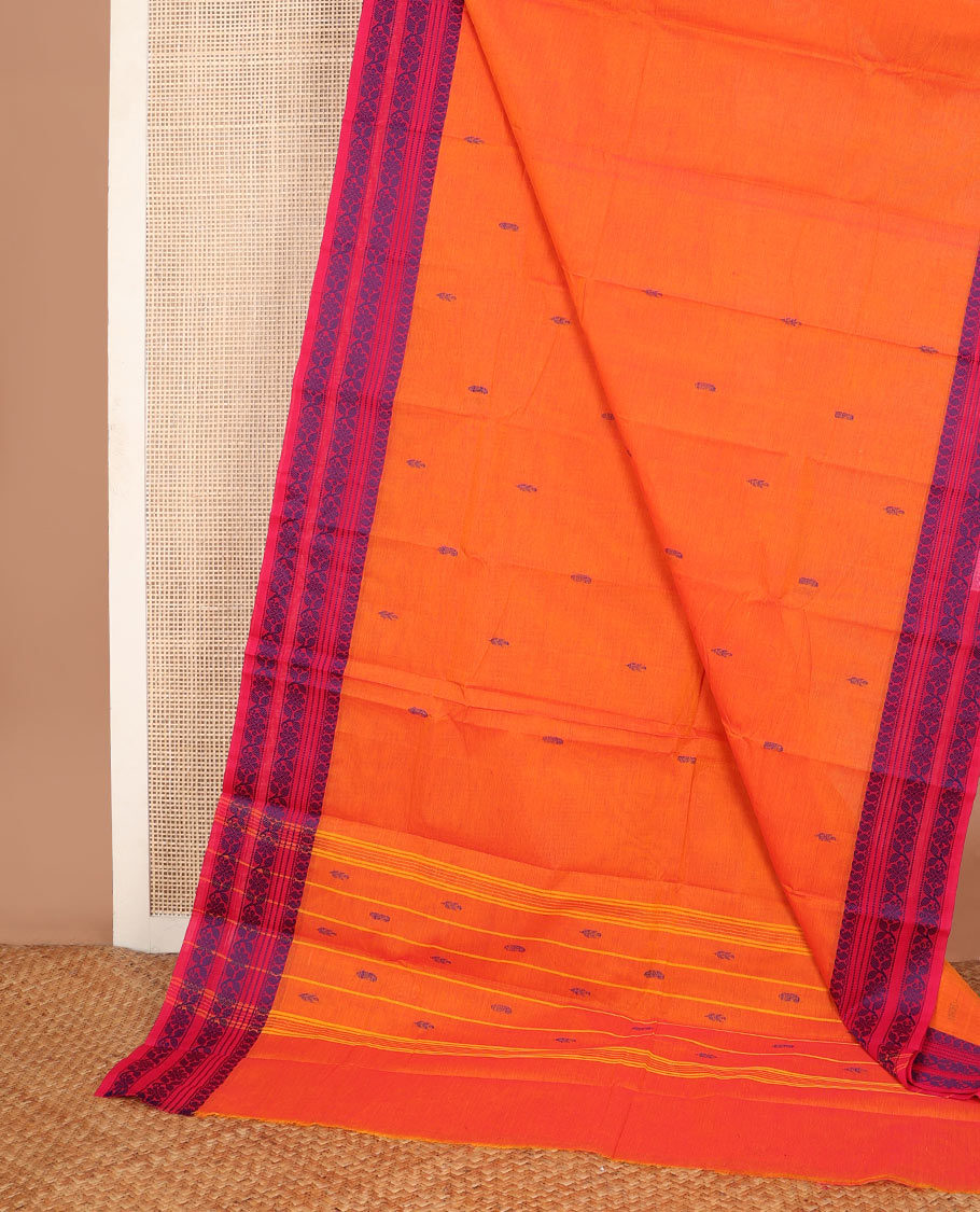 Orange buttas Chettinad cotton saree, contrast border of mango & floral designs & pallu of stripes & buttas