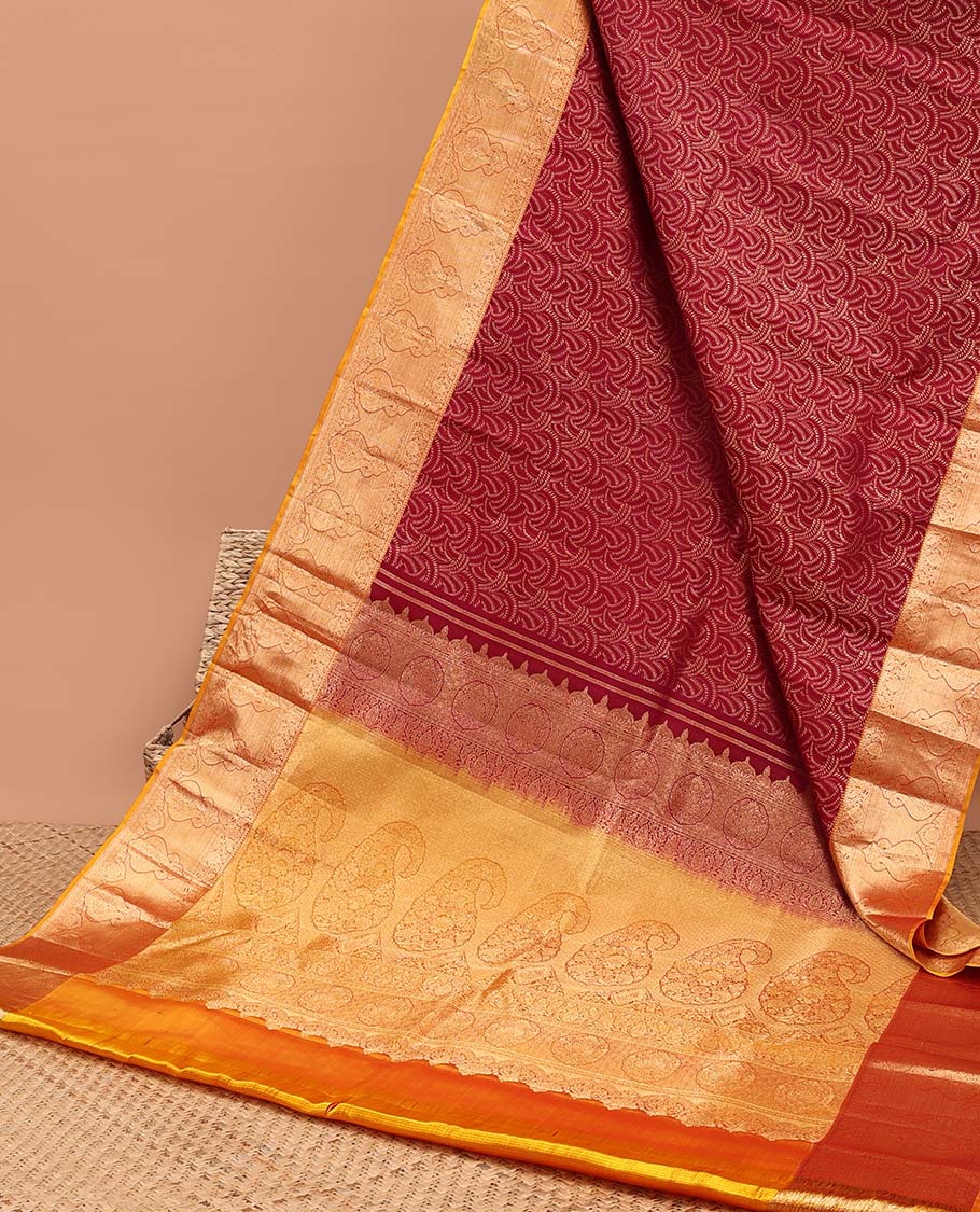 Maroon leaf design kancheepuram silk saree contrast floral border & paisley zari design pallu