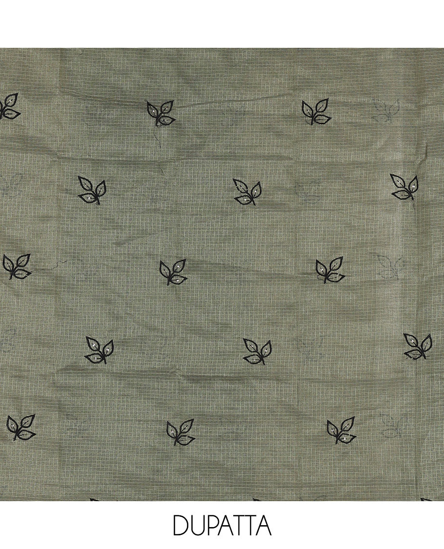 Green material chudidar set, leaf-floral motifs thread and sequins embroidered kota cotton top, a matching bottom, and a leaf motifs thread and sequins embroidered dupatta