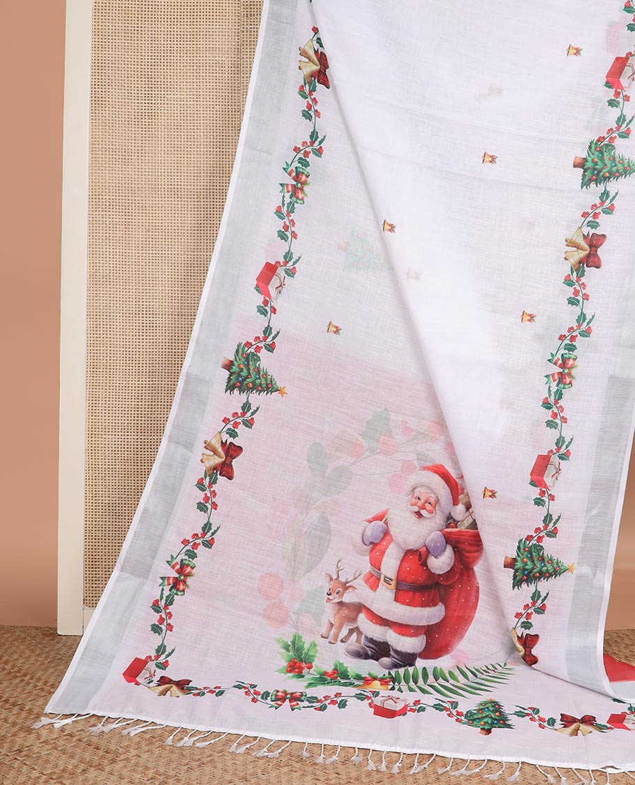 White jingle bell and Christmas tree motifs printed linen saree with bavanji borders, Santa Claus figure printed pallu, and a contrast jingle bell printed blouse