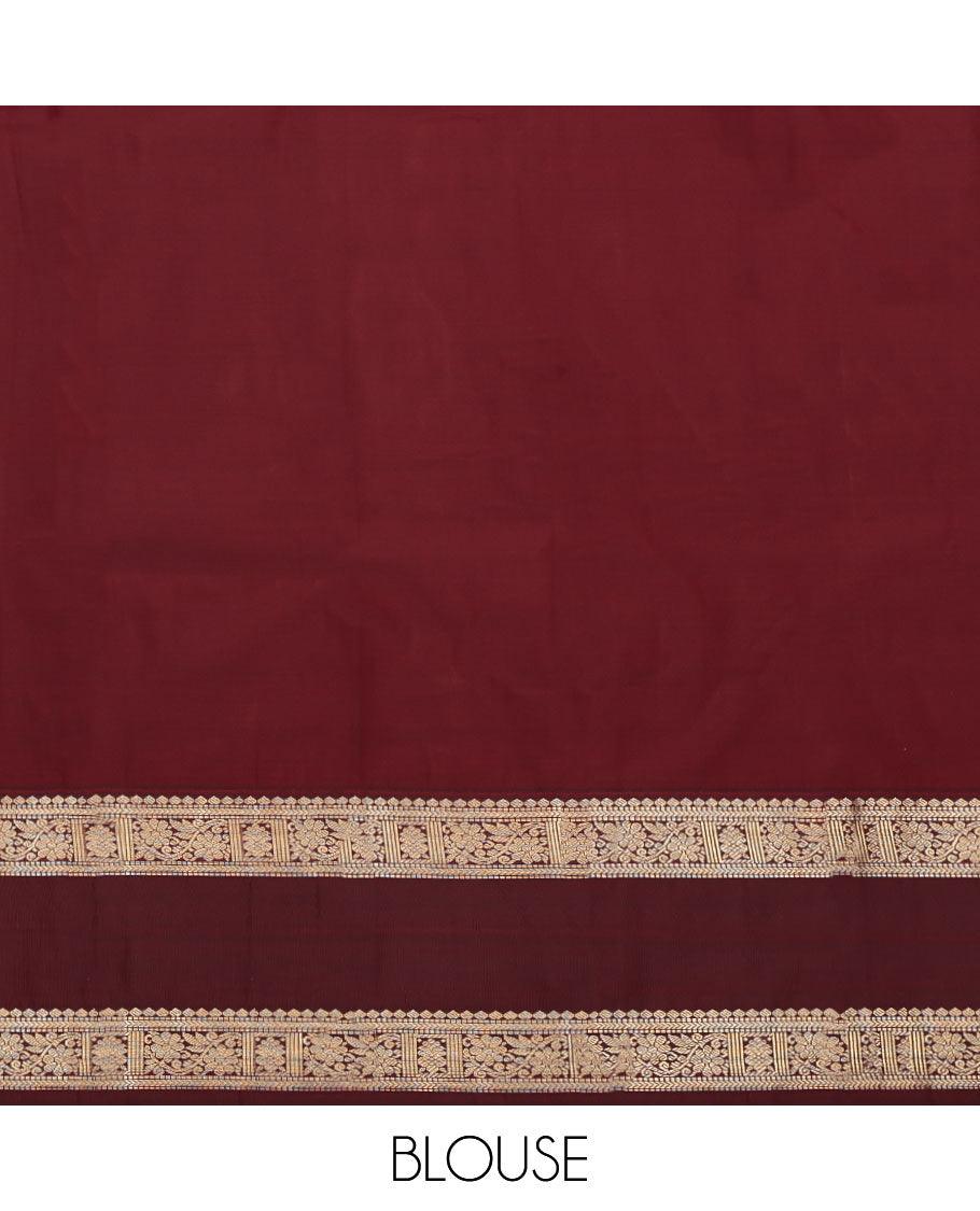 Sandal Budget Silk Saree, Sparsely Woven with Zari Buttas, Complemented by a Contrast Traditional Zari Rettai Pettu Border, Pallu of Jaal Designs, and a Contrast Blouse