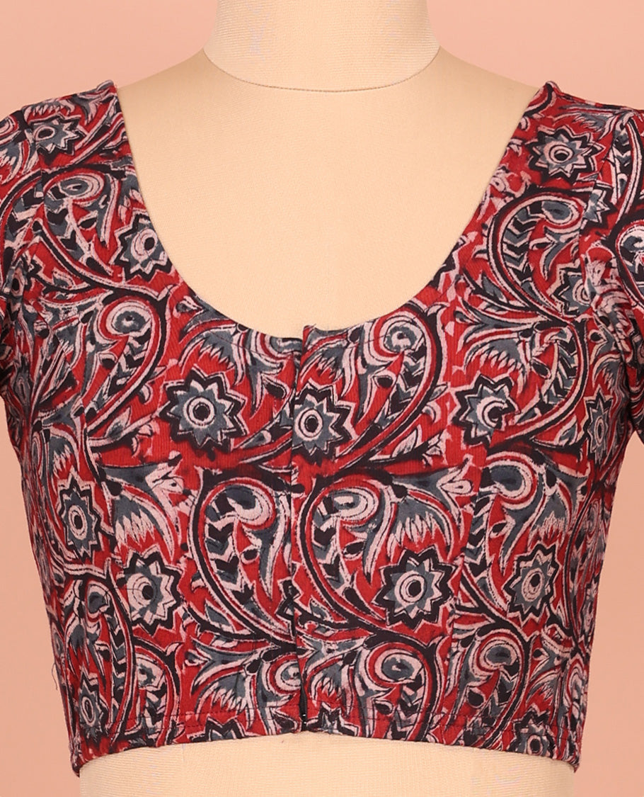 Red Cotton Readymade Blouse Gracefully Embellished with All-Over Floral Vine Print, Front Round-Neck, Back Round Neck, and Elbow Sleeves