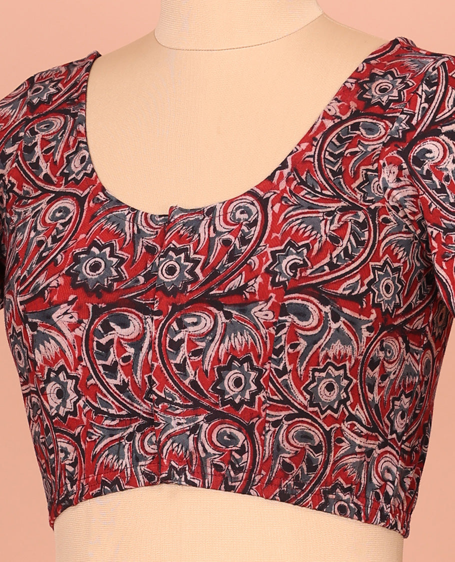 Red Cotton Readymade Blouse Gracefully Embellished with All-Over Floral Vine Print, Front Round-Neck, Back Round Neck, and Elbow Sleeves