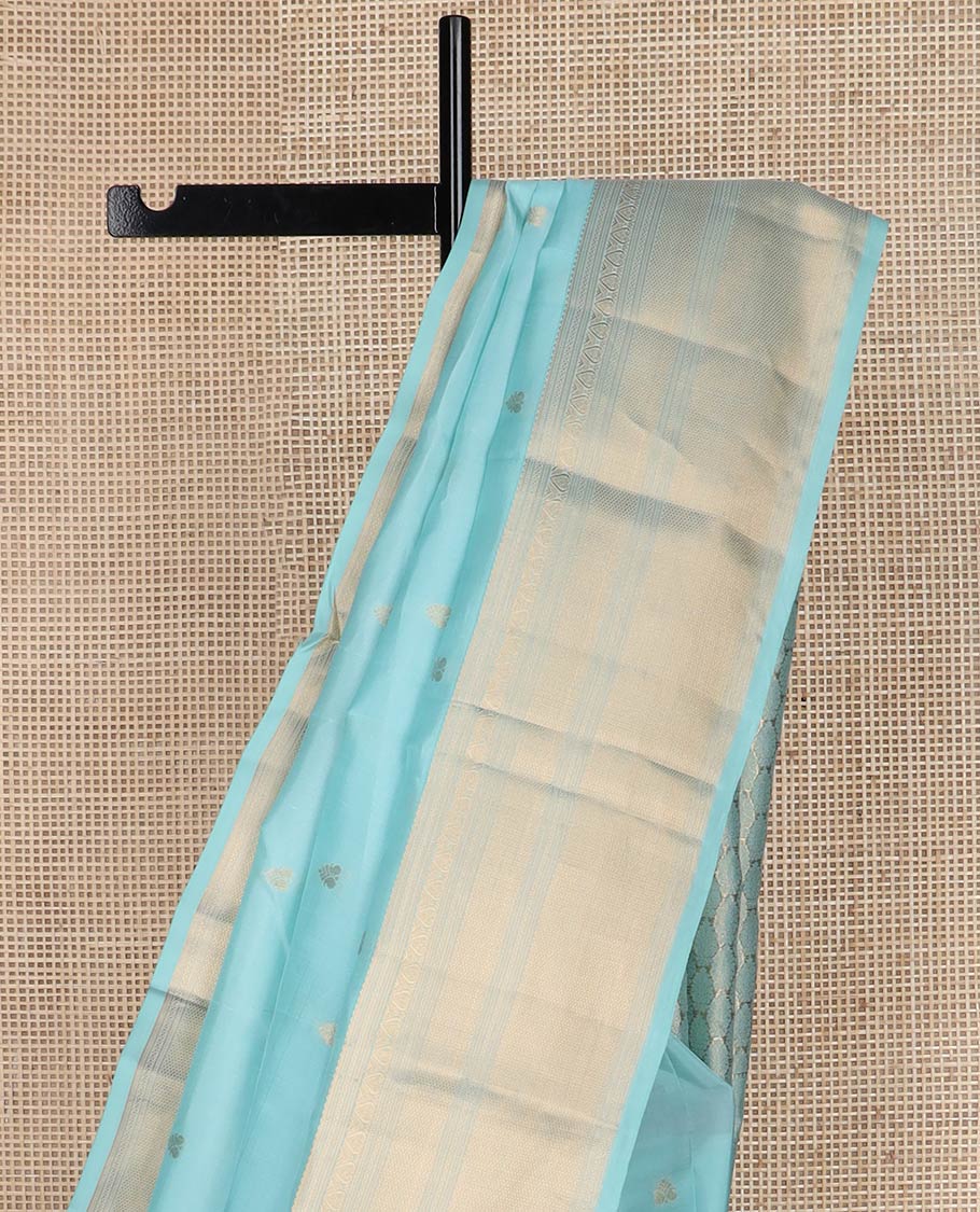Blue zari buttas silk saree, jaal pallu & zari border of rekku, muthu, mayil kann & jadai nagam