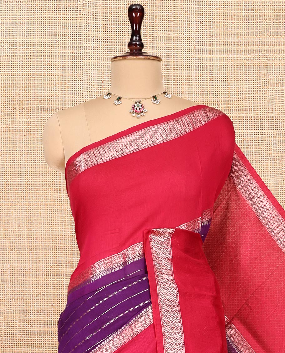 Violet Assam Silk Saree, Spotlighted with Zari Stripes, Complemented by a Contrast Zari Traditional Woven Border, Zari-Striped Pallu, and a Matching Blouse